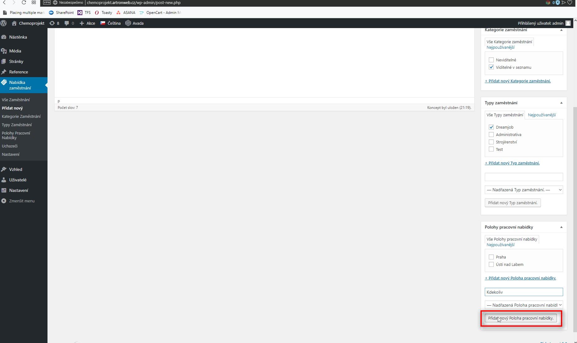 Poloha Klikněte na Přidat nový Poloha pracovní nabídky